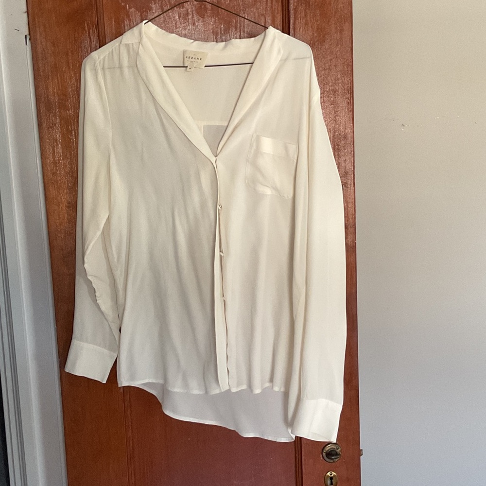 Sezane Cream Button-Up Silk Blouse